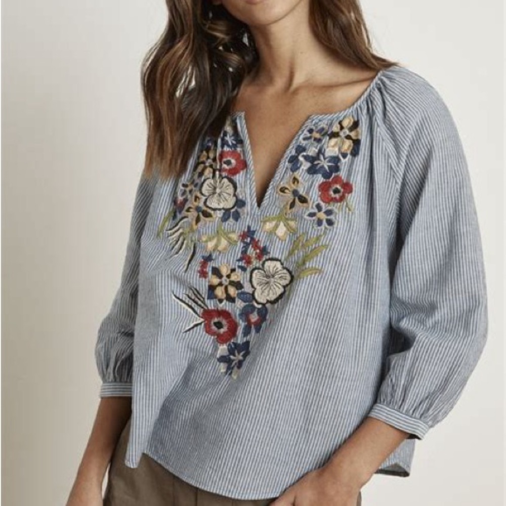 Velvet by Graham Embroidered Chambray Striped Top - Picture 2 of 11